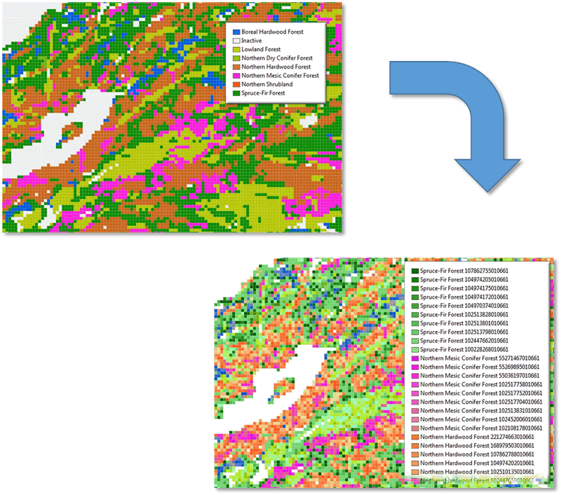 Figure 2. Raster zones used as input to the Random Landscape Tool. Output classification is symbolized as a concatenation of zone and sample (the forest inventory ID number).