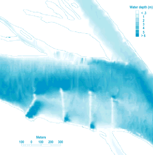 Figure.  Map depicting water depth at flat pool elevation for a one mile main channel reach near river mile 550 in Pool 13.