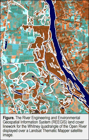 REEGIS land cover linework for the Whitney quadrangle of the Open River displayed over a Landsat Thematic Mapper satellite image.