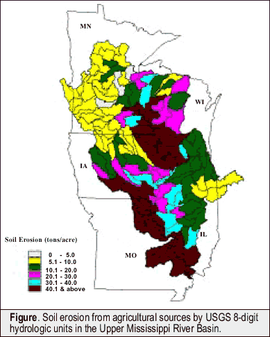 Figure. Soil erosion from agricultural sources by USGS 8-digit hydrologic units in the Upper Mississippi River Basin.