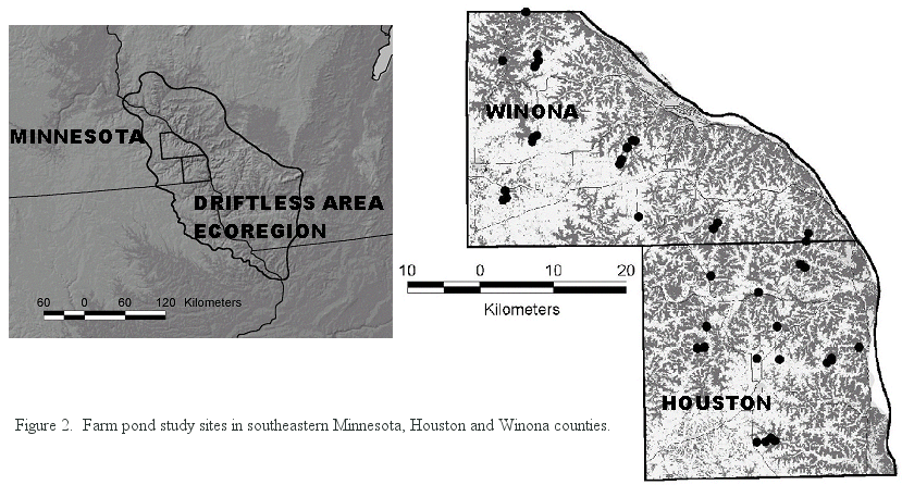 Figure 2 - Farm pond study sites in southeastern Minnesota, Houston and Winona counties.