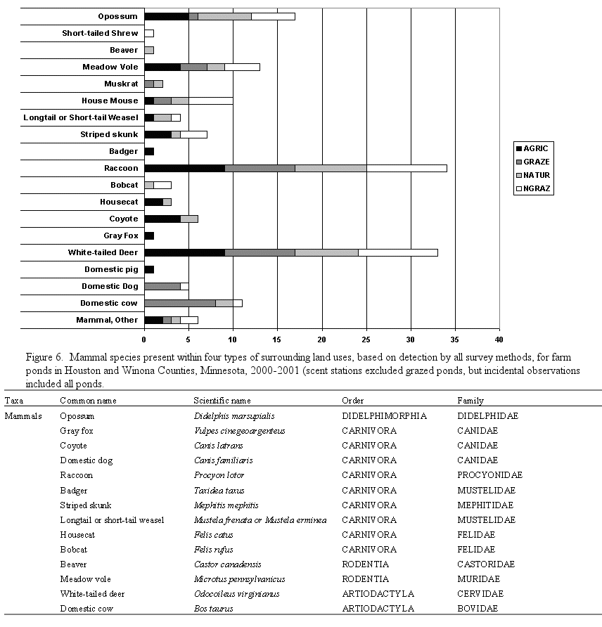 Figure 6 - Mammal species present within four types of surrounding land uses, based on detection by all survey methods, for farm ponds in Houston and Winona Counties, Minnesota, 2000-2001 (scent stations excluded grazed ponds, but incidental observations included all ponds.)