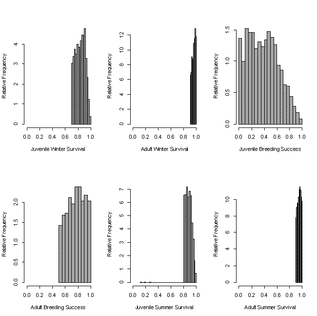 Figure 1. Distribution of demographic parameters for a stationary population of Indiana bats.