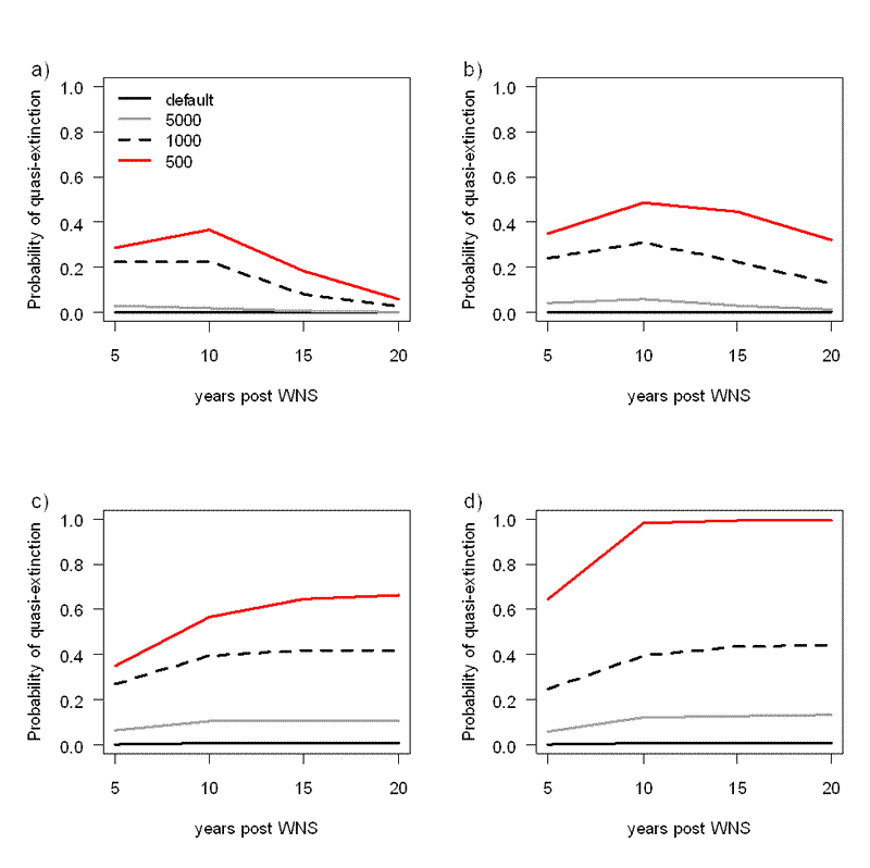 Figure C. Potential consequences to probability of quasi-extirpation (threshold = 250 female bats) of Allee effects influencing adult winter survival. Adult winter survival was decreased to a) 0.95, b) 0.85, c) 0.75, and d) 0.65 for different starting population sizes: 40,700 bats (default; 2008 population of Magazine Mine, Illinois, a Priority 1 hibernaculum), 5,000 bats, 1,000 bats, and 500 bats. Populations persisting above the quasi-extirpation level avoided consequences to adult winter survival. 