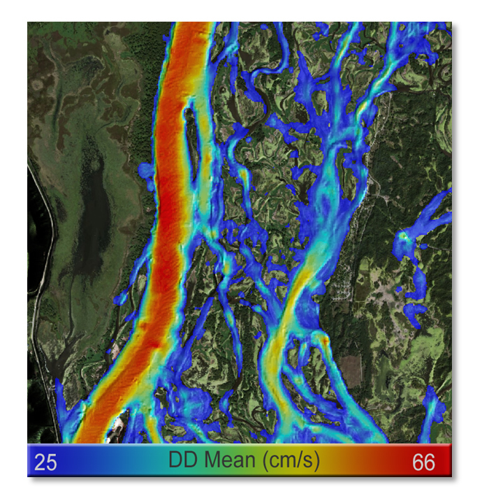 Figure 2. This is an example of the mean water velocity product. This particular product is for the date range of 4/1/2012 - 11/30/2012, constrained to where the water velocity was greater than 25cm/s.