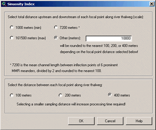 Figure 2. Sinuosity Index input dialog window (click for larger scale)