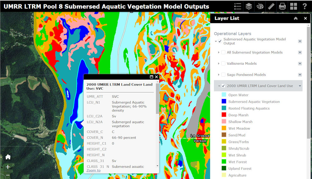 Figure 5. ArcGIS Online website depicting submersed aquatic vegetation from the "2000 - All Submergent Vegetation" and "2000 UMRR LTRM Land Cover/Land Use".