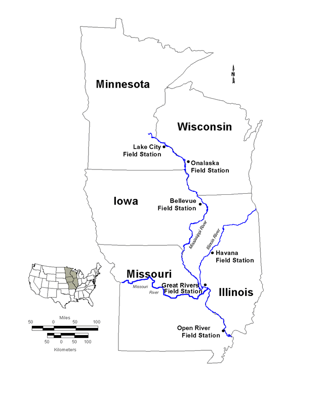 Long Term Resource Monitoring Program study areas and locations of field stations.