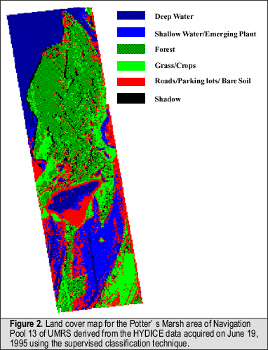 Figure 2. Land cover map for the Potter’s Marsh area of Navigation Pool 13 of UMRS derived from the HYDICE data acquired on June 19, 1995 using the supervised classification technique.
