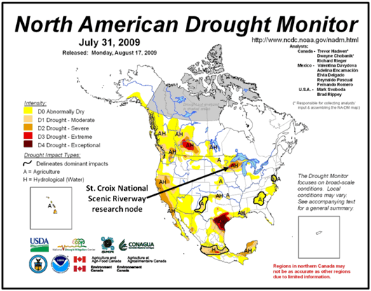 Fig. 11. Drought conditions extended across northern Wisconsin during the spring and summer of 2009, as indicated in this graphic from the end of July (http://www1.ncdc.noaa.gov/pub/data/cmb/drought/nadm/nadm-200907.jpg). The drought affected landscape conditions at the St. Croix National Scenic Riverway research node.