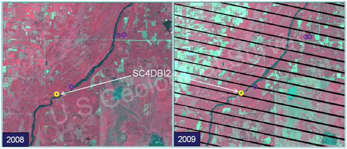 Fig. 12a. Images indicating relative dryness for a portion of the landscape around site SC4DBI2 in the St. Croix National Scenic Riverway. The 2008 image was produced from Landsat-5 data collected during August and the 2009 image was produced from data collected from Landsat-7 during July. The areas of brighter bluish-green color in 2009 indicate less standing water, less vegetation, and less vegetation moisture than in 2008. The parallel black lines in the 2009 image are artifacts of an equipment failure on board Landsat-7. The three small circles near the river are additional sites we have instrumented on the ground.