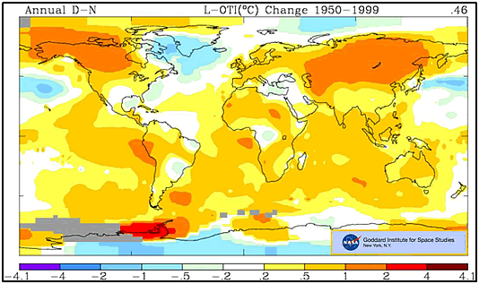 Changes in surface temperature from 1950-1999 showing temperature gradients across North America