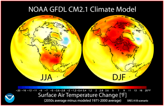 Fig. 3. An example of changes in surface air temperature projected for 2050. JJA = June, July, August. DJF = December, January, February