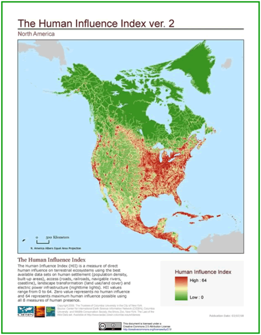 The relative cumulative impacts of human activities across North America.