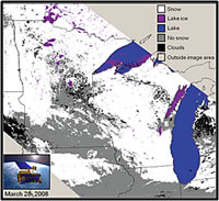 Snow and ice cover over Minnesota and Wisconsin and portions of adjacent areas during March of 2008. Courtesy of the U.S. Geological Survey.