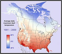 A pictorial display of maximum April temperatures from 1991-2000. Courtesy of the U.S. Geological Survey.