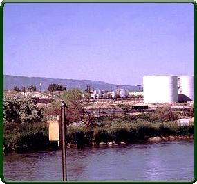 Photo caption: Tree swallow box in the foreground of the North Platte River, Casper,Wyoming. Note the oil tanks in the background. 