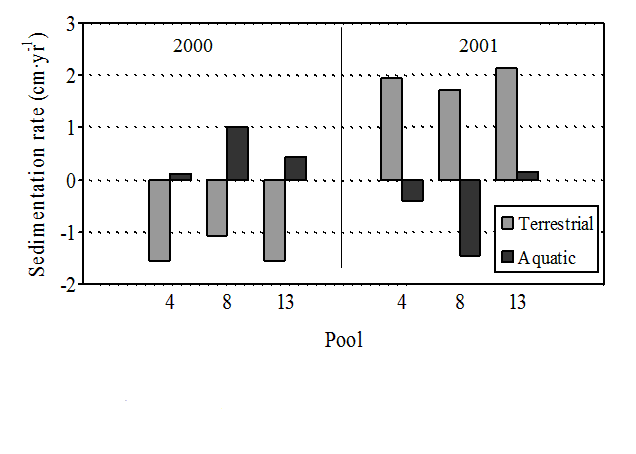 Figure 3. Mean poolwide sedimentation rates during 2000 (low discharge year) and 2001 (high discharge year) for Pools 4, 8, and 13. 