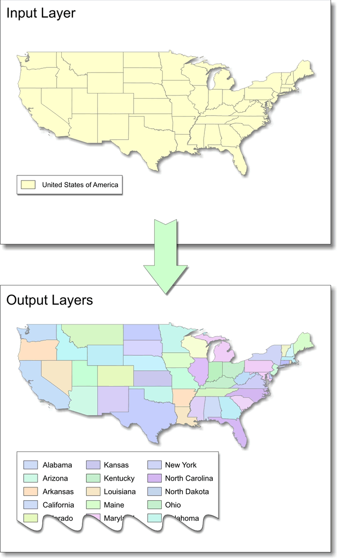 Figure 2. An example of an input layer split on the State_Name field and the resulting output layers. 